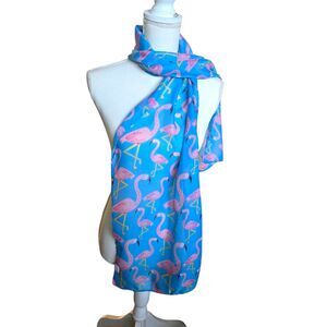 Vintage Pink Flamingo Scarf Fun Pattern Sky Blue Yellow Legs 64" X 13.5" READ